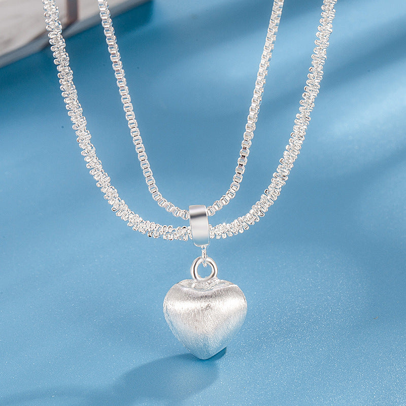 Double Layer Brushed Heart Pendant Necklace – High-End Light Luxury for Women, Stylish Collarbone Chain Fashion Jewelry