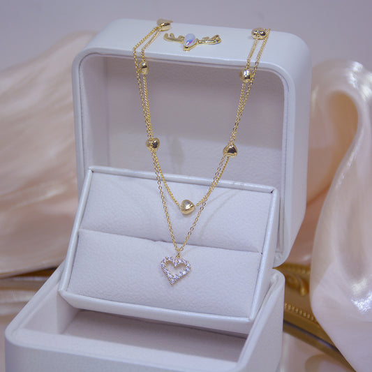 Trendy Layered Zircon Heart Pendant Necklace, Gold Double Layer Bling for Women