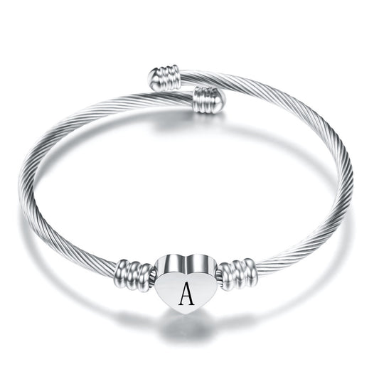 26-Letter Stainless Steel Bangle Elegant Alphabet Design