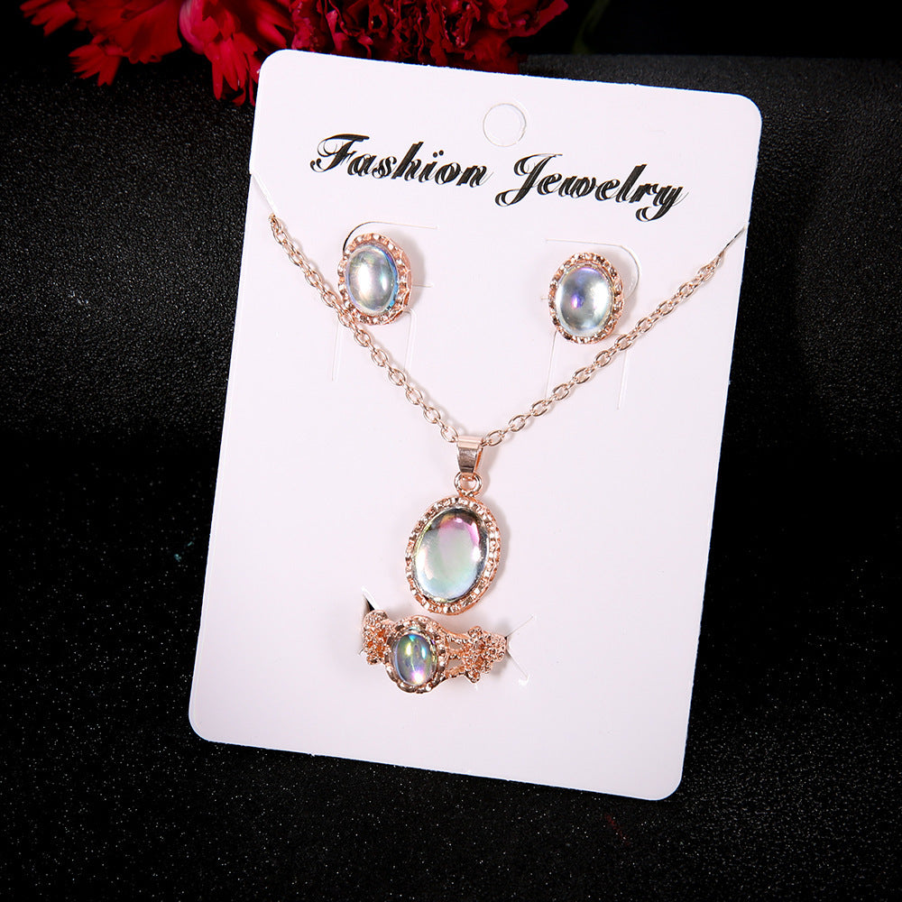 Sparkling Gemstone Trend: European Fashion-Inspired Necklace, Earrings & Ring Jewelry Set