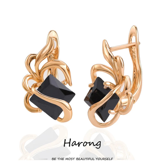 Harong Gold Geometric Zirconia Stud Earrings – Hollow Flower Wedding Jewelry