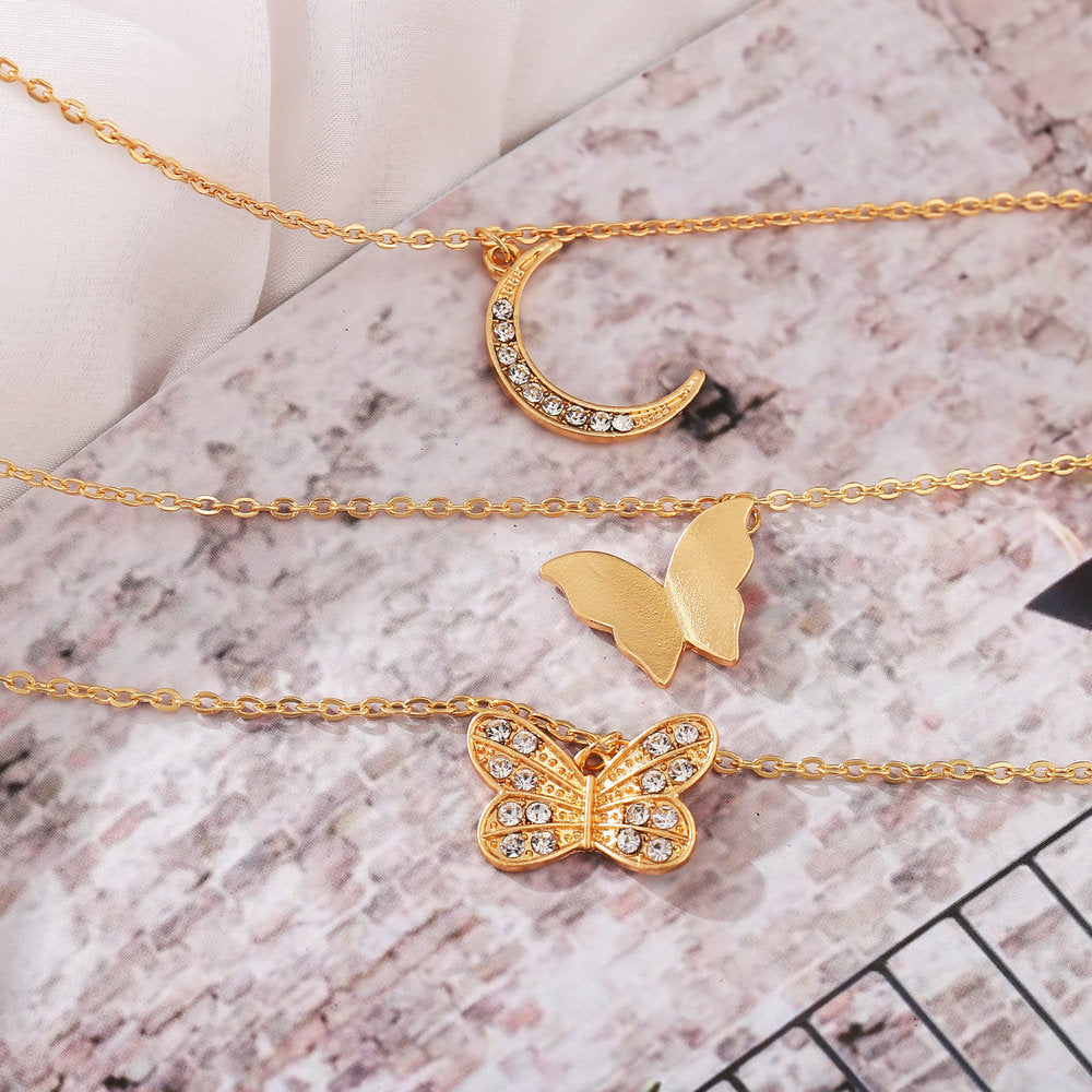 Star Moon Heart Pendant Choker Necklace for Women, Multi-Layer Gold Plated