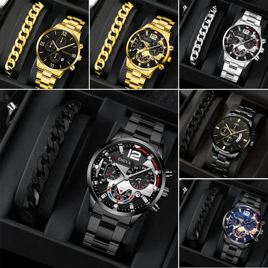 Men's Luxury Steel Strap 3-Eye Quartz Watch & Bracelet Set – Stylish Valentine's Day Gift for Him