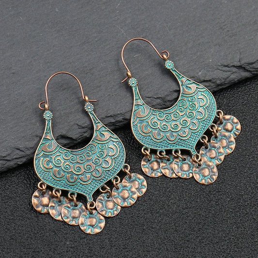 Vintage Bronze Tassel Dangle Earrings - Afghan Ethnic Geometric Indian Jhumka