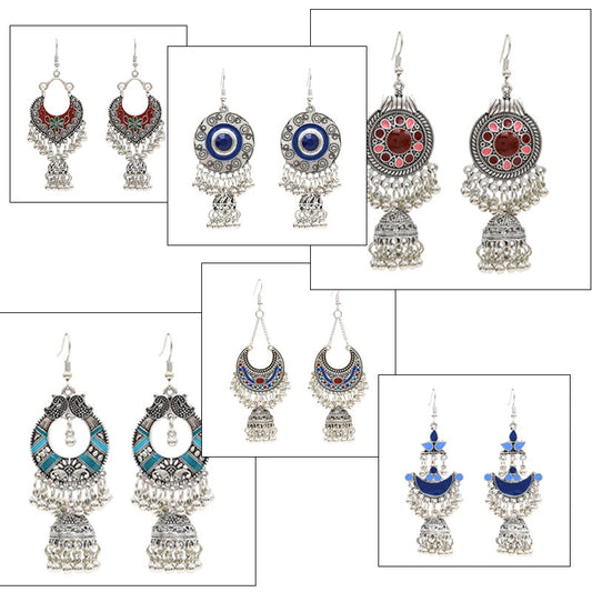 Vintage Silver Jhumka Earrings with Bells & Beads – Tribal Gypsy Tassel Jewelry