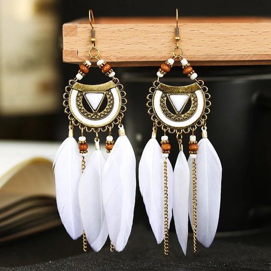 Bohemian White Feather Tassel Earrings - Wood Beads Dangle Summer Indian Jewelry