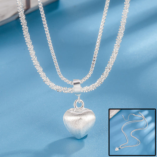 Double Layer Brushed Heart Pendant Necklace – High-End Light Luxury for Women, Stylish Collarbone Chain Fashion Jewelry